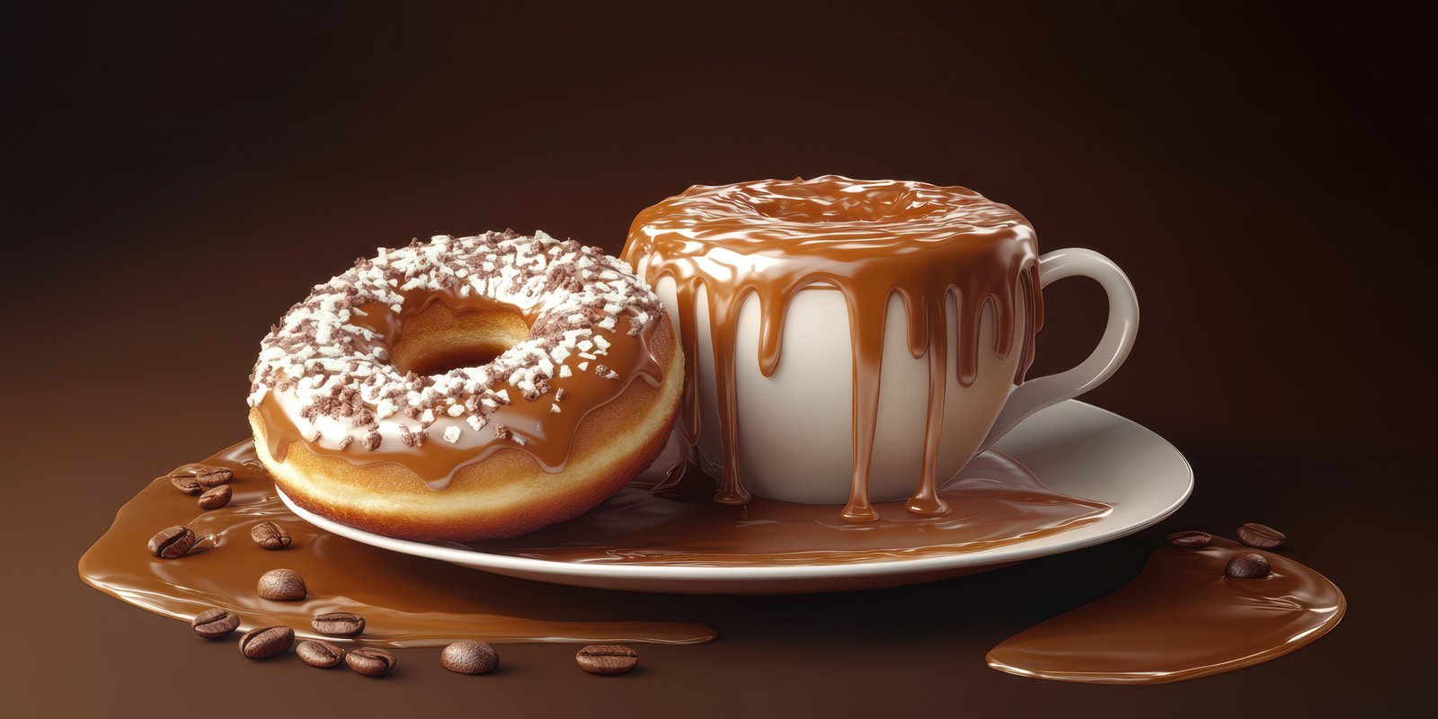Indulgent dessert featuring a chocolate-covered donut and a cup of hot chocolate with dripping cocoa